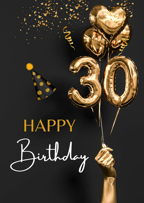 30th Birthday Card Personalisation - Golden Balloons & Celebration - Card Gallery Online Ireland